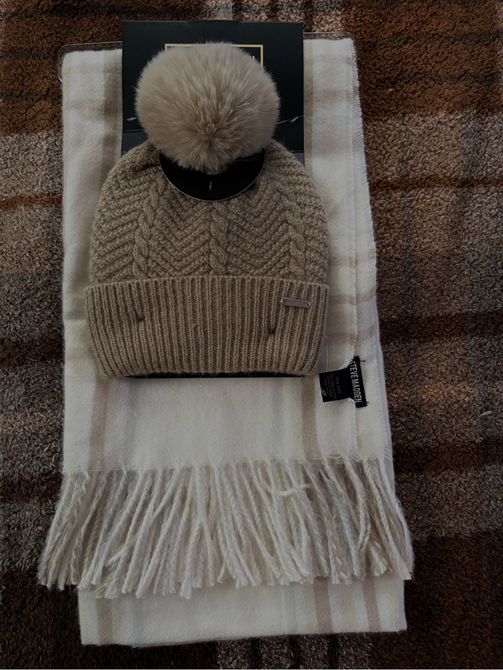 Steve Madden Beige Cable Knit Pom Hat with Cream Fringe Scarf